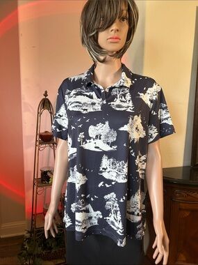Women gray and White Scenic Print Polo Shirt